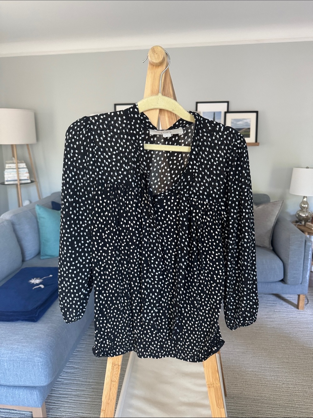 LOFT Black Blouse with White Spot Print
